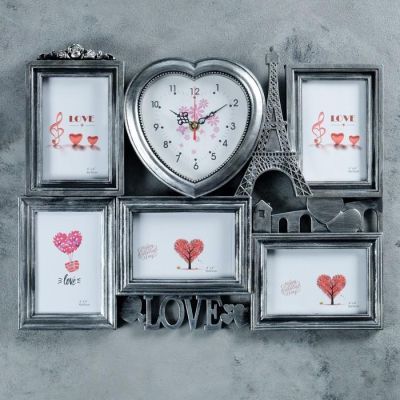 Часы настенные, серия: Фото, "Эйфелева башня", 5 фоторамок, чёрные патина, 38х50 см, микс