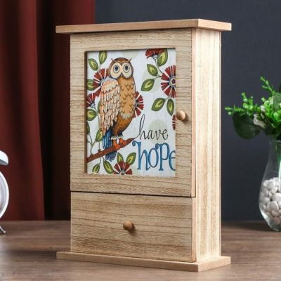 Ключница дерево 6 крючков с ящиком "Сова на ветке и сказочные цветы" 29,5х21х8 см