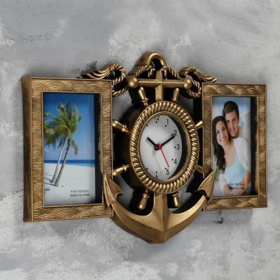 Часы настенные+ 2 фоторамки, серия: Фото, "Якорь",  плавный ход, d- 12 см,  1АА  41х24 см