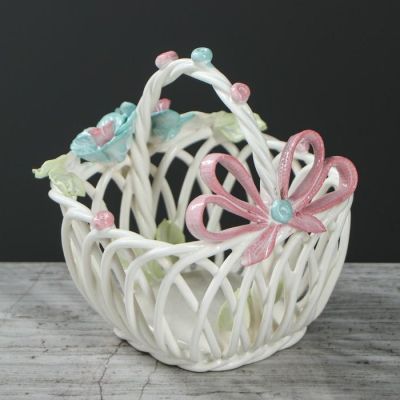 Конфетница "Сувенирчик", с ручкой, белая, цветная лепка, плетение, 9 см, микс