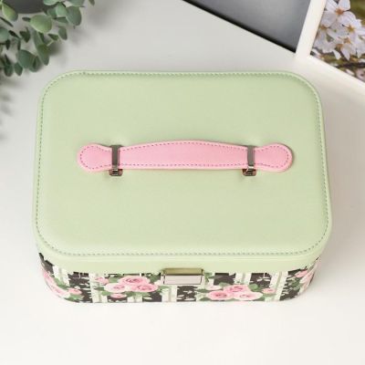 Шкатулка кожзам для украшений "Полоски и розы" зелёная с чёрным 10,5х25х18,5 см