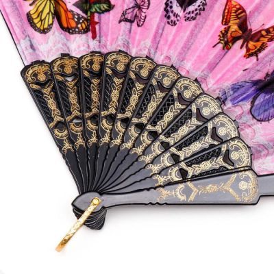 Веер пластик, текстиль "Бабочки и цветы на леопарде с кружевом" МИКС 23 см