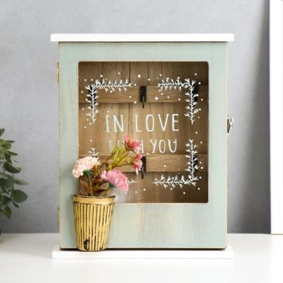 Ключница дерево "Цветы в горшке" голубая 25,5х20х5,2 см