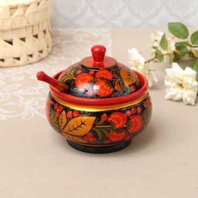 Сахарница «Красивая», с крышкой и ложкой, 12×11 см, хохлома