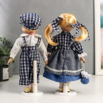 Кукла коллекционная парочка набор 2 шт "Аня и Андрей в нарядах в сине-белую клетку" 30 см