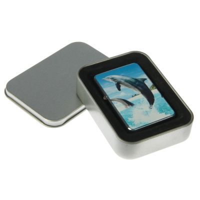 Зажигалка «Дельфины» в металлической коробке, бензин, 6x8 см, микс