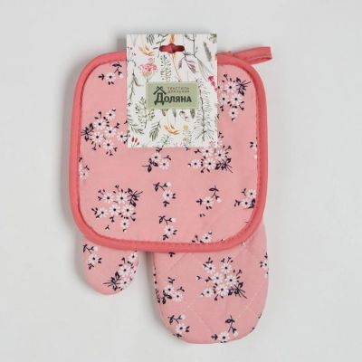 Кухонный набор Доляна «Цветы на розовом», прихватка, 17*17 см, рукавица 26*16 см,100% п/э