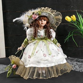 Кукла коллекционная керамика "Лидия в оливковом платье с цветами с зонтом" 30 см