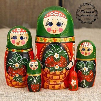 Матрёшка «Земляничка в корзинке», зелёный платок, 5 кукольная, 10 см, ручная работа
