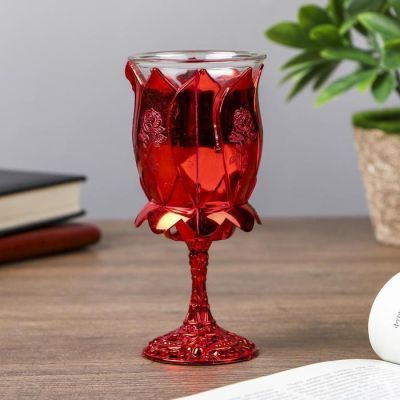 Подсвечник пластик, стекло на 1 свечу "Роза" бокал на ножке красный 13х6х6 см