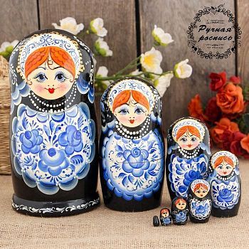 Матрёшка «Дарья», синий платок, 8 кукольная, 19 см , ручная работа