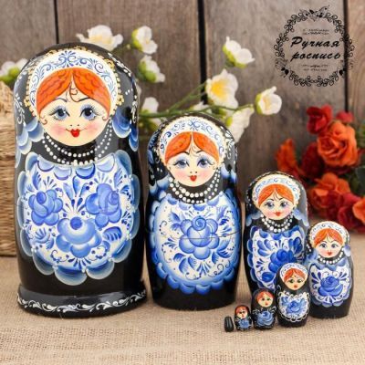 Матрёшка «Дарья», синий платок, 8 кукольная, 19 см , ручная работа