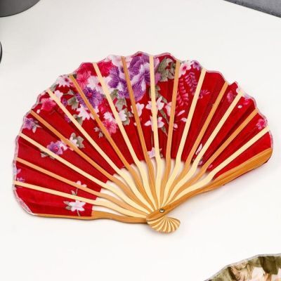 Веер h=21 см дерево круглый "Цветы атлас", МИКС