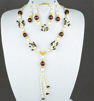 Авторский комплект Янтарь, жемчуг, дерево "Анна" арт.ВАС-1088