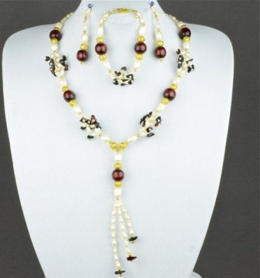 Авторский комплект Янтарь, жемчуг, дерево "Анна" арт.ВАС-1088