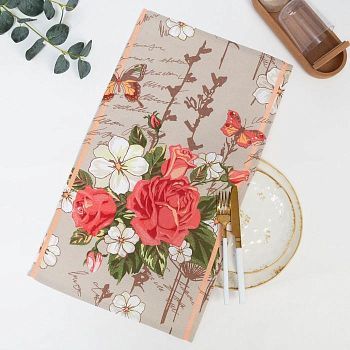 Полотенце вафельное "Красные и белые цветы" 35х60 см, песочный, 160 гр/м, хл,