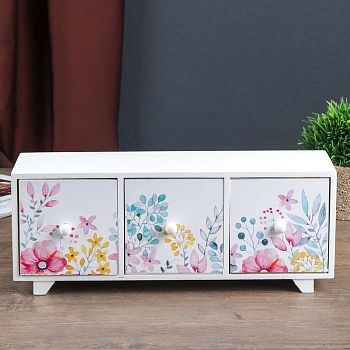 Шкатулка дерево 3 ящика "Комод полевые цветы" на ножках, акварель 12,5х32,5х10 см