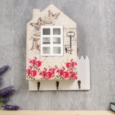 Ключница дерево "Домик с розовым садом" 30х22х6 см