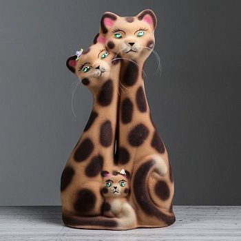 Копилка "Семья котов", флок, бежево-леопардовая, 37 см