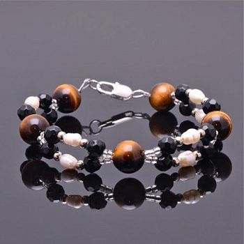 Авторский браслет Тигровый глаз, жемчуг "Кума" арт.ВАН-1363