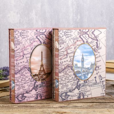 Фотоальбом на 200 фото 13х18 см "Карта и башня" золотая обвод, в коробке МИКС 29,5х23х5,5см