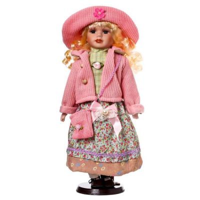 Кукла коллекционная керамика "Блондинка с кудрями, розовый пиджак и клетка" 40 см