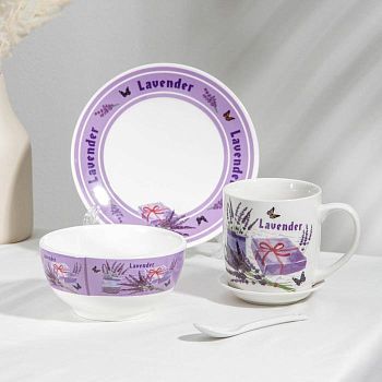 Набор посуды «Лаванда», 5 предметов: тарелка d=18 см, миска 12,5×7 см, кружка 300мл, ложка, подставка