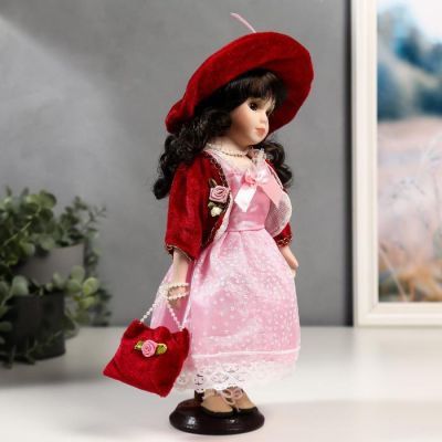 Кукла коллекционная керамика "Таисия в розовом платье и красном кардигане" 30 см