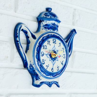 Часы настенные "Чайник", гжель, фарфор, 23х23 см