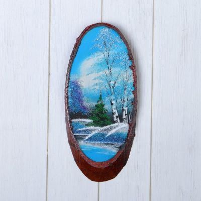 Картина "Зима" на срезе дерева, каменная крошка