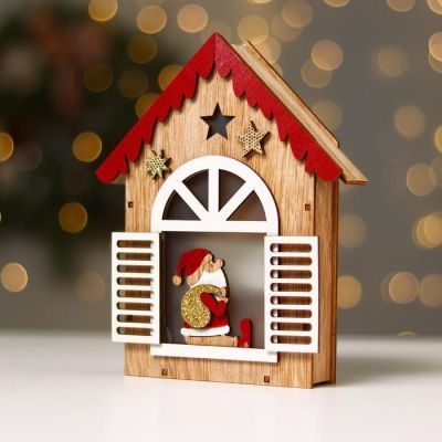 Новогодний декор с подсветкой «Домик с дед морозом» 14.5×3.8×18 см, красный