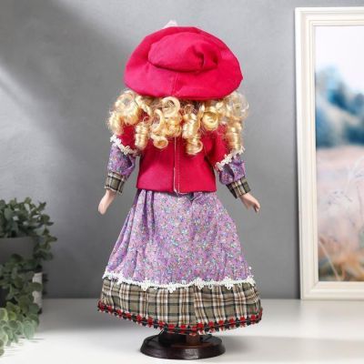 Кукла коллекционная керамика "Блондинка с кудрями, розовая свитер, юбка сирень" 40 см