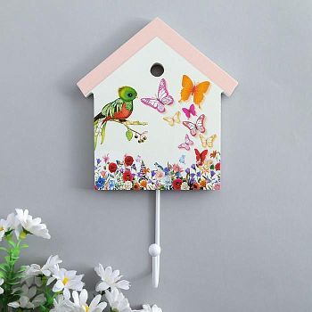 Крючок декоративный дерево домик "Цветы, птенчик и бабочки" 22,5х13,8х4,5 см