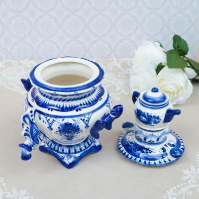 Сувенир "Самовар", большой, гжель, фарфор, 28х15 см