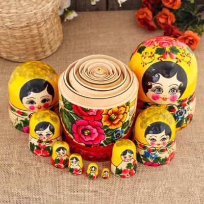 Матрёшка «Семёновская», жёлтый платок, 10 кукольная, 24 см, ручная работа