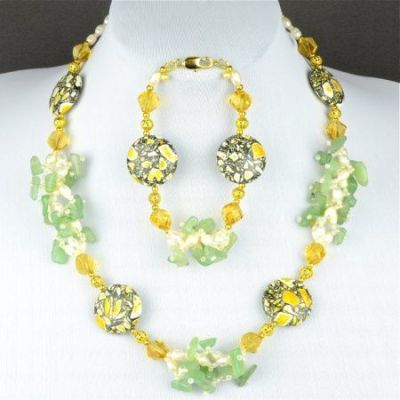 Комплект Жемчуг, хрусталь, нефрит  "Южный сад" арт.ВАС-1127