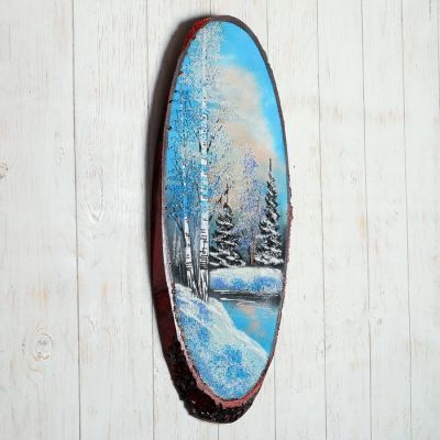 Картина "Зима" в форме среза дерева 60 см, каменная крошка