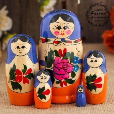 Матрёшка «Семёновская», голубой платок, 5 кукольная, 8-10  см, микс, ручная работа
