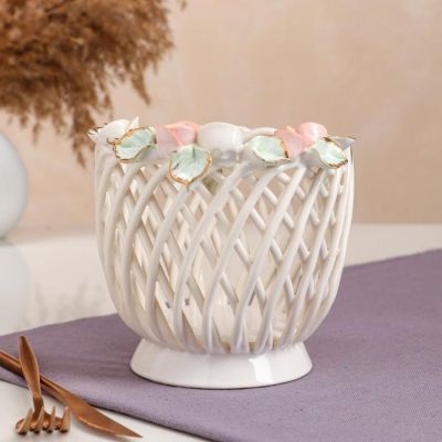Конфетница "Горшочек", белая, цветная лепка, плетение, 15*14 см, микс