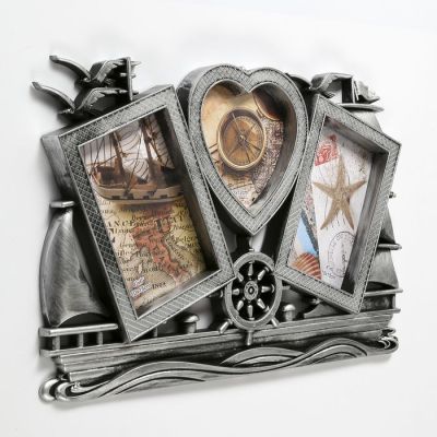 Фоторамка пластик на 3 фото 10х15, 12х12 см "Корабль" тёмное серебро 25х40 см