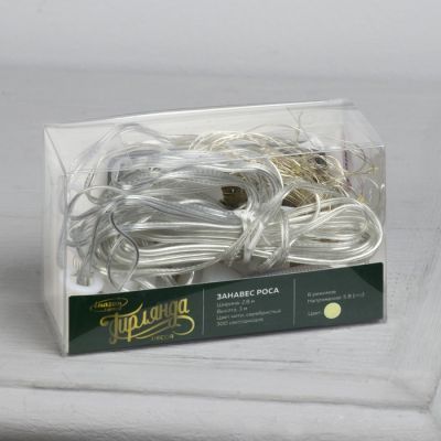 Гирлянда «Занавес» 2.8 × 3 м роса на крючках, с пультом, IP20, серебристая нить, 300 LED, свечение тёплое белое, 8 режимов, USB