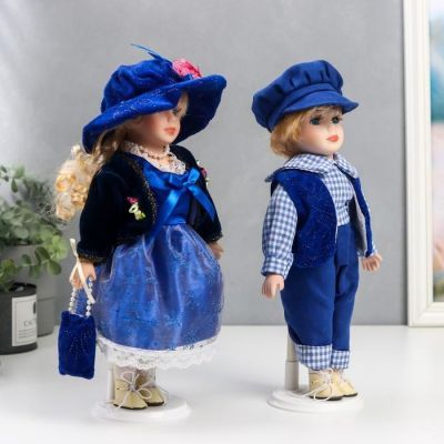 Кукла коллекционная парочка набор 2 шт "Лена и Сергей в ярко-синих нарядах" 30 см