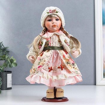 Кукла коллекционная керамика "Алёна в розовом платье и белой вязанной кофте" 30 см