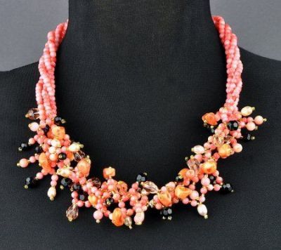 Колье Жемчуг, хрусталь, коралл  "Мисс Очарование" арт.КР-201