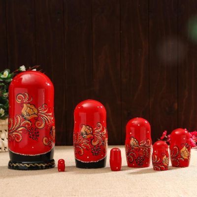 Матрёшка «Золотая хохлома», красный платок, 9 кукольная, 20 см, ручная работа