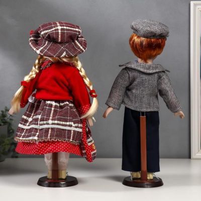 Кукла коллекционная парочка набор 2 шт "Лиза и Лёша в нарядах в клеточку" 40 см