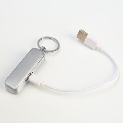 Зажигалка электронная в подарочной коробке, на брелоке,+фонарик, USB, спираль, хром, 6х12 см