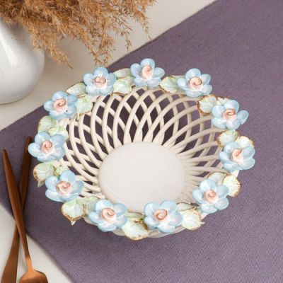 Конфетница "Поляна", белая, цветная лепка, плетение, 9 см, микс