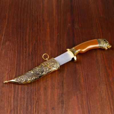 Сувенирный нож, 31 см рукоять под дерево с головой медведя, ножны расписные