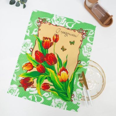 Полотенце вафельное в коробке "С праздником" 45х60 см, салатовый, 160 гр/м, хл,